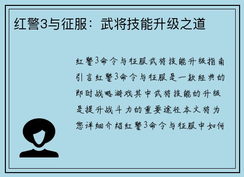 红警3与征服:武将技能升级之道