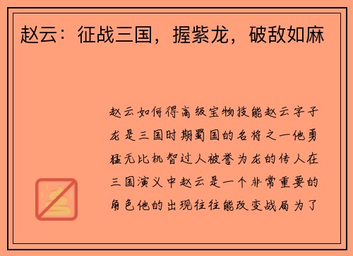 赵云：征战三国，握紫龙，破敌如麻